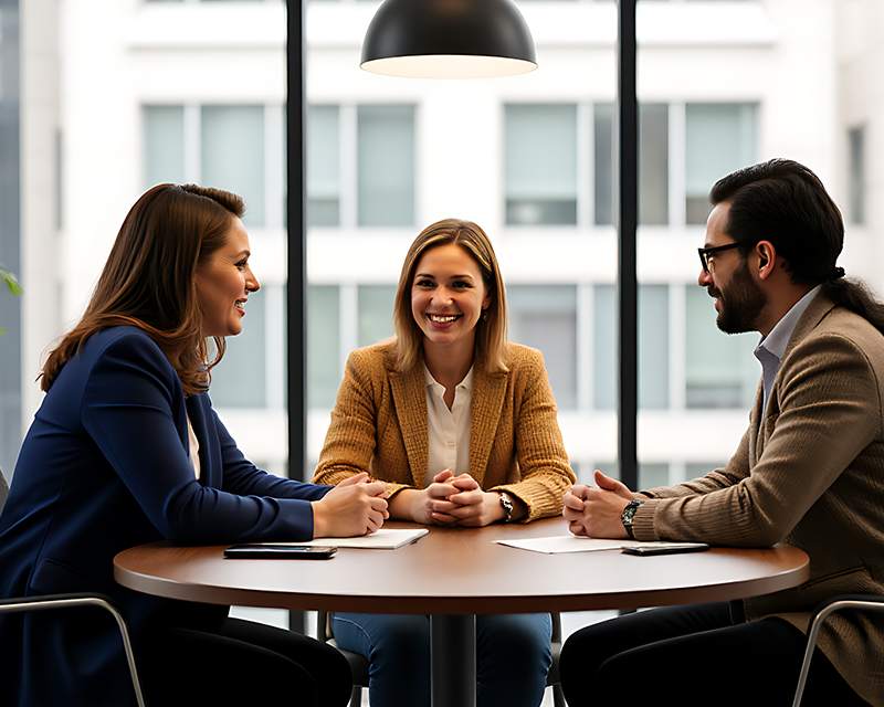 Three colleagues at a round table, with a woman in a mustard jacket seated in the middle.